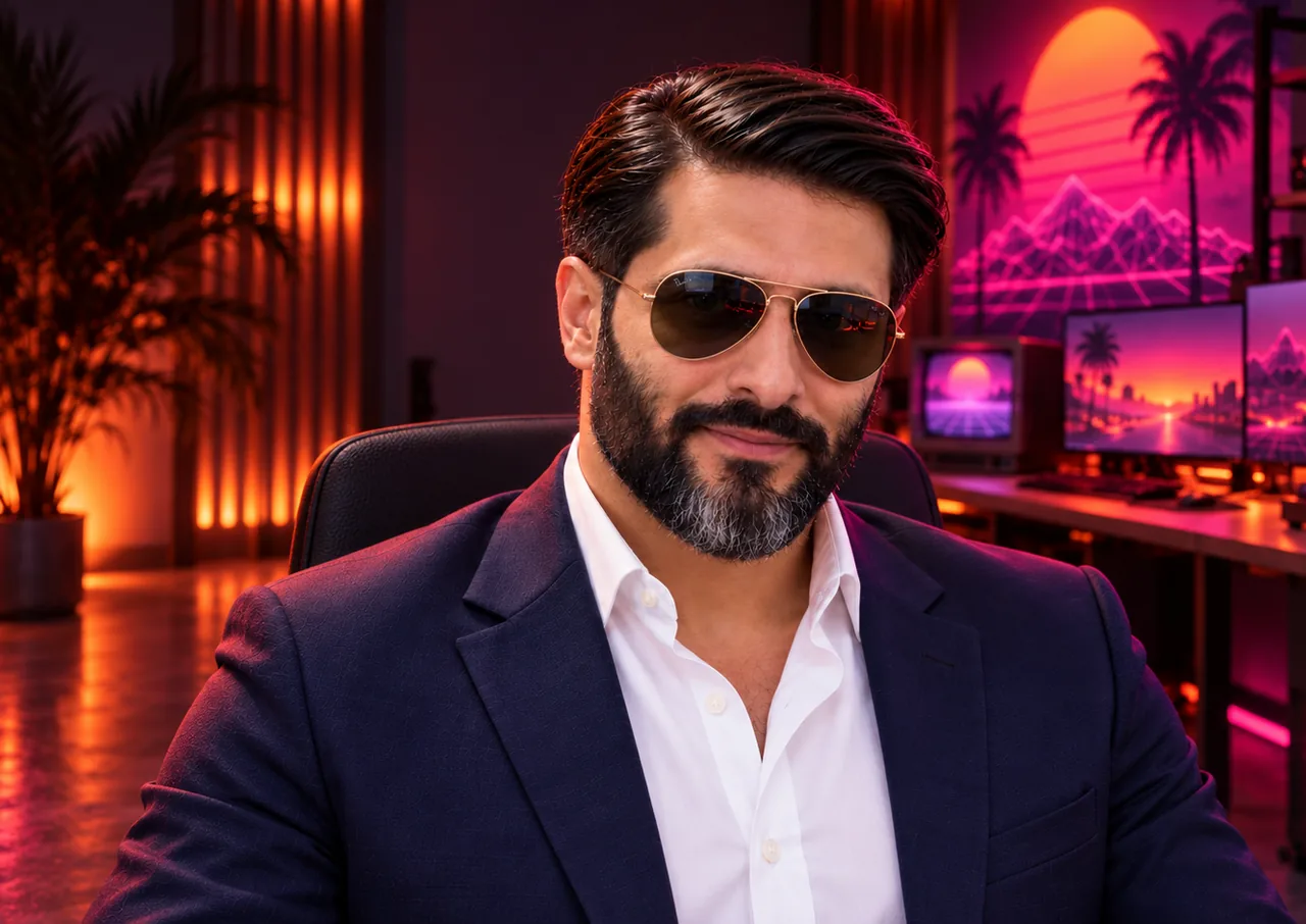 The AI avatar host, a bearded man in a navy blazer and aviator sunglasses, in a neon synthwave gaming room