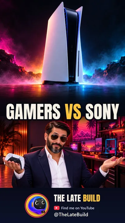 Vertical short thumbnail: GAMERS VS SONY, with a PlayStation 5 and the AI avatar host