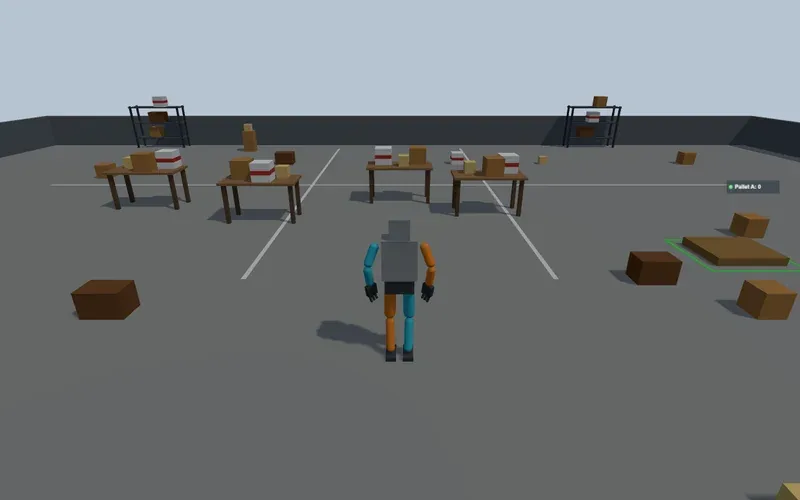 In-game view of the Blunder Blender prototype: a robot seen from behind in a gray warehouse with tables and boxes