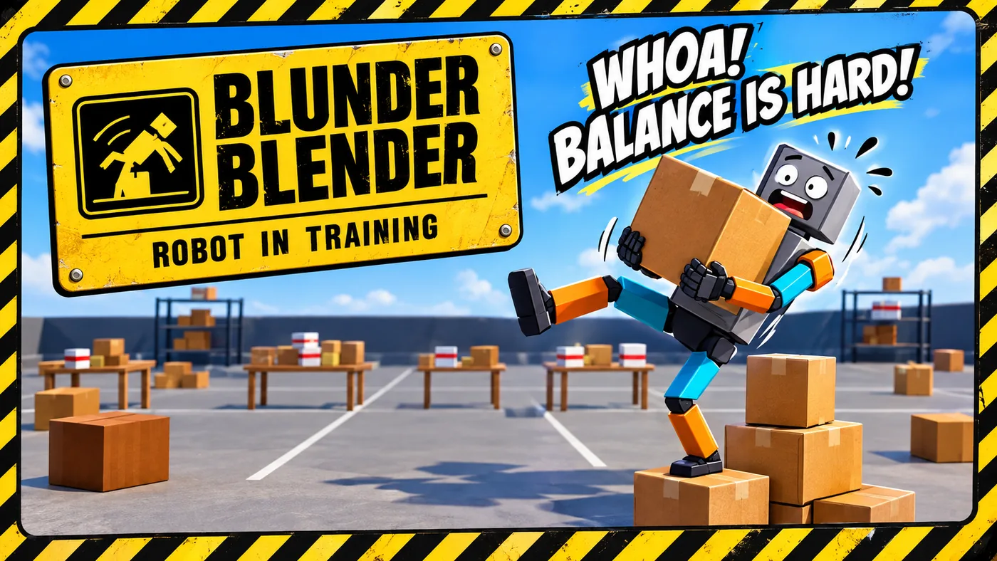 Promotional art for Blunder Blender, a cartoon robot struggling to carry a box