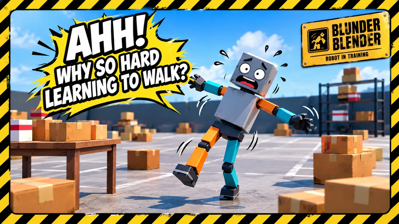 Promotional art for Blunder Blender: a robot tumbling beside a table, with the caption AHH WHY SO HARD LEARNING TO WALK