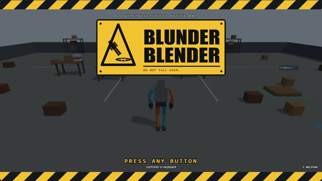 Blunder Blender title screen: a hazard-striped frame, the game logo and a gray robot standing in a warehouse