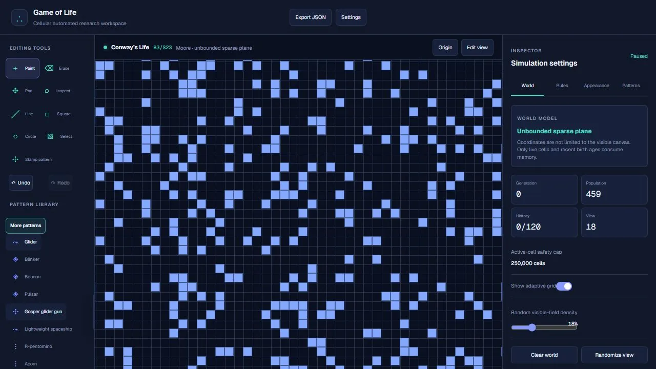 The ChatGPT-built Game of Life workspace