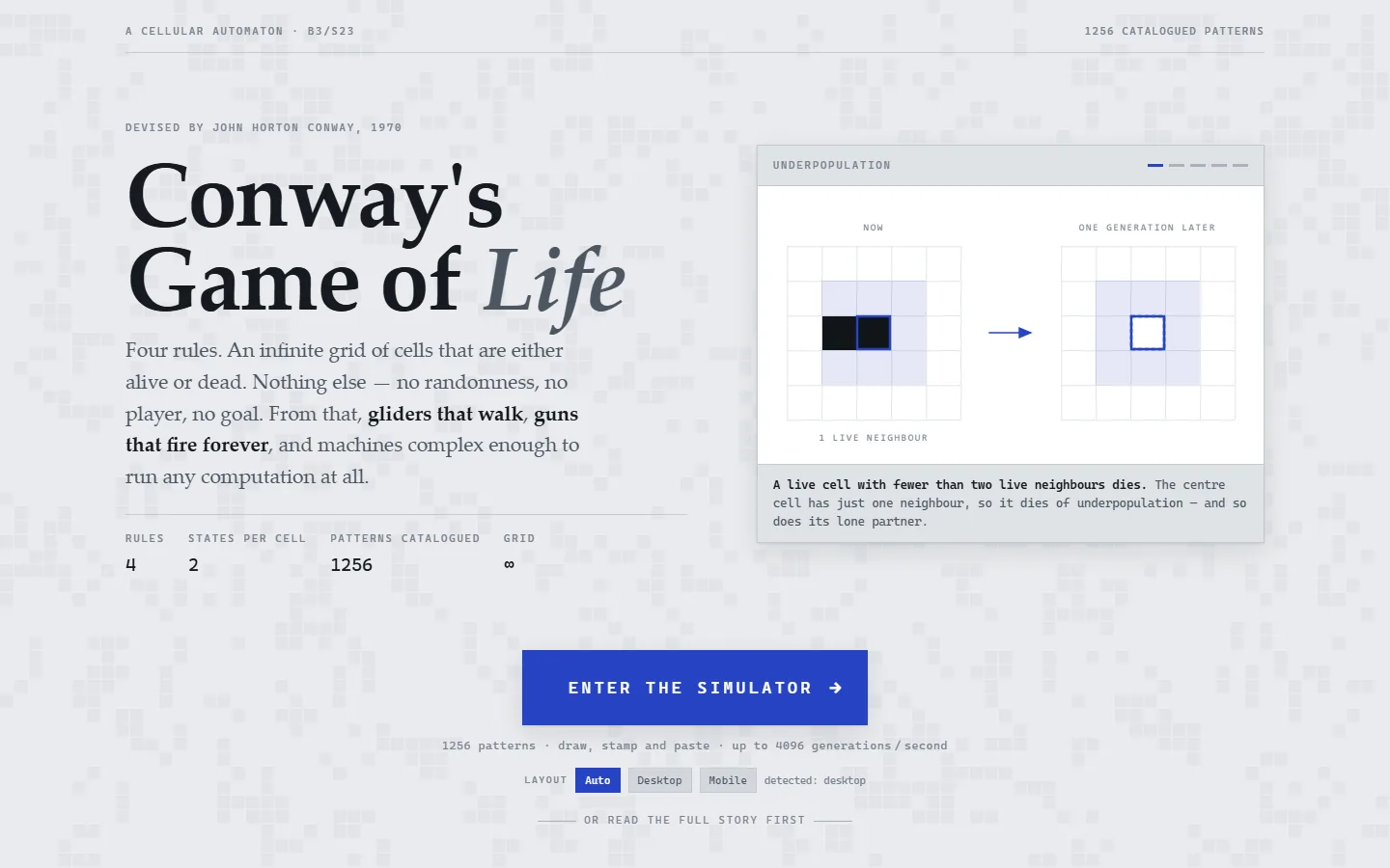 The landing page of the Claude-built Game of Life