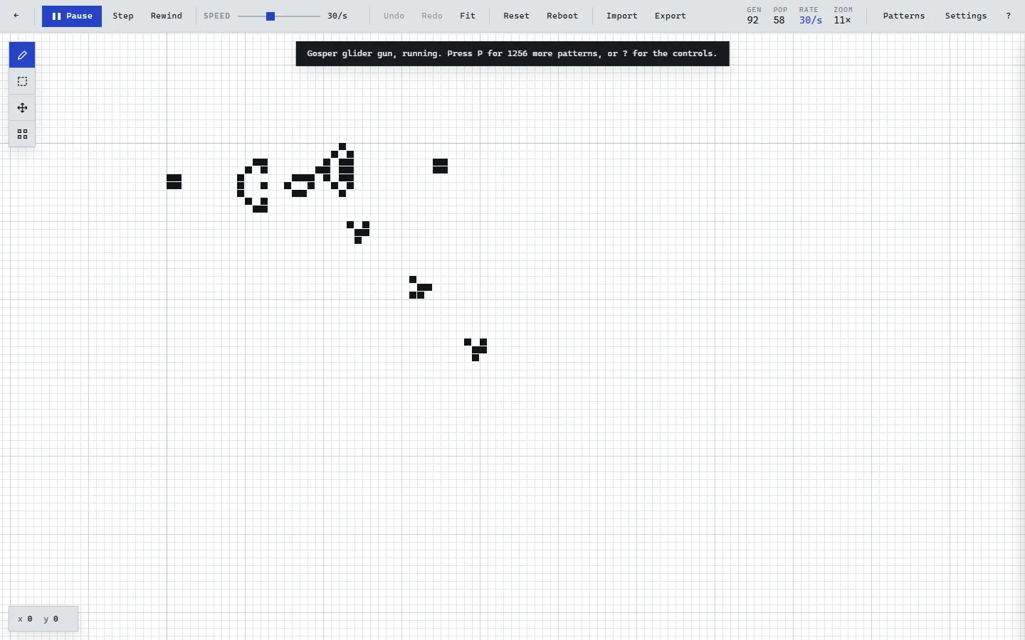 The Claude-built Game of Life simulator running a Gosper glider gun on a pale grid, with a toolbar of Pause, Step, Rewind and speed