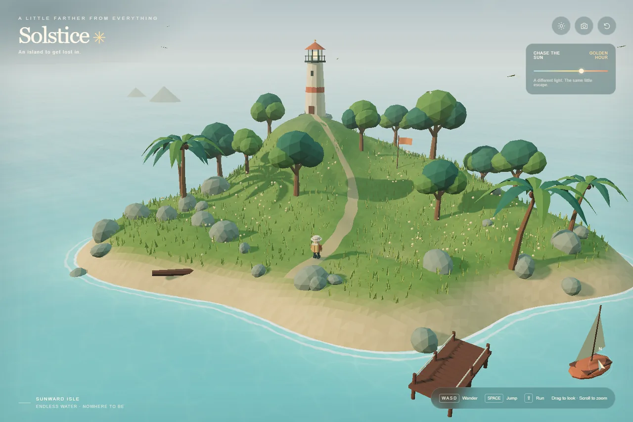 Solstice, the low-poly island scene written by GPT-6 Astra: a lighthouse on a green hill with palm trees, a boat and a dock