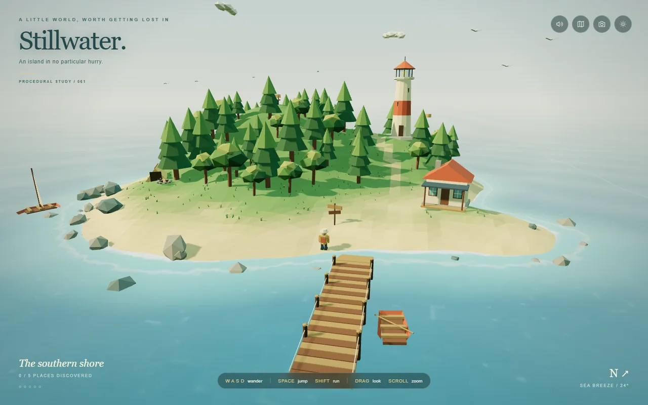 Stillwater, an island scene from a GPT-6.1 Sol improvement pass on a Sonnet 5 island: a dense forest, a lighthouse, a cabin and a wooden dock