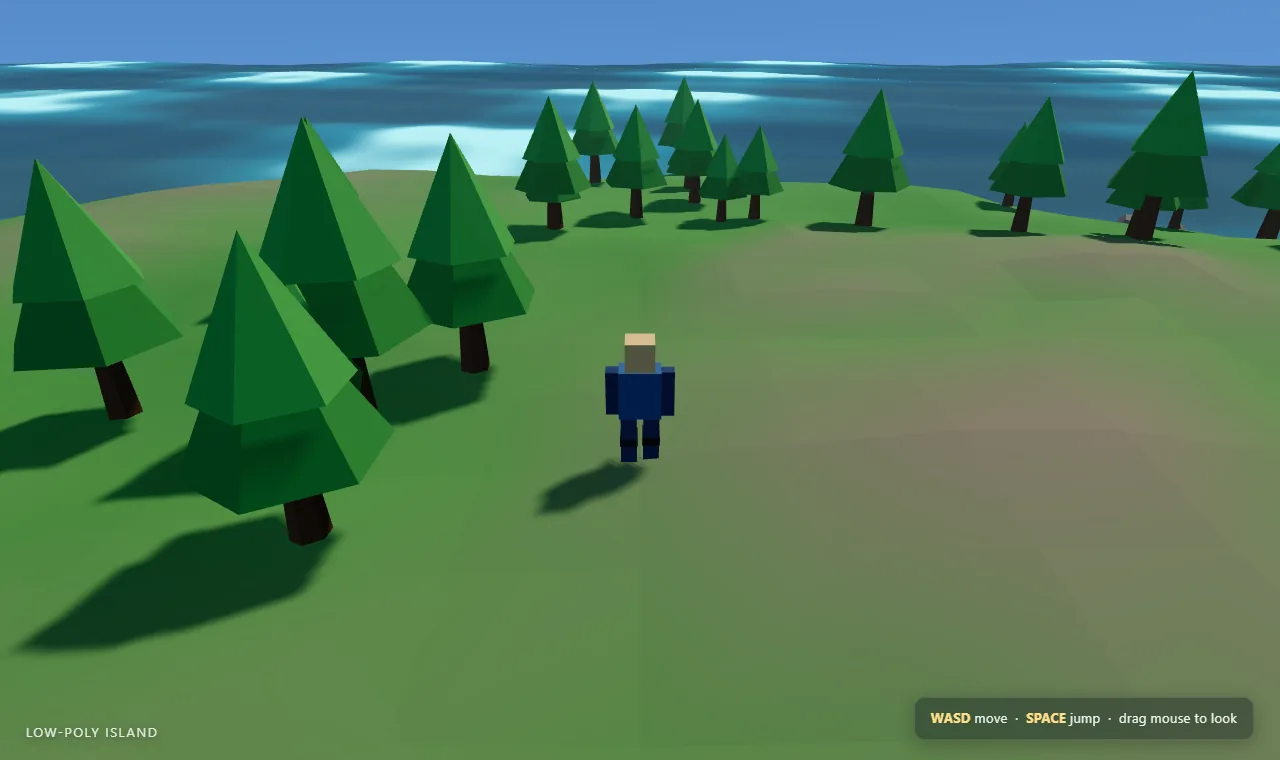 The low-poly island scene written by Claude Sonnet 5: green hills, pine trees, blue water and a blocky character