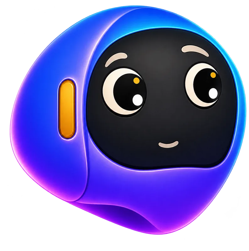 The Late Build mascot, a purple and blue robot head with a black face and big friendly eyes
