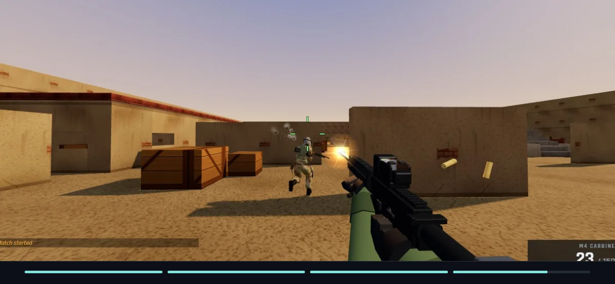 First-person view in Nodal Strike, a rifle in the foreground and an enemy firing from behind crates
