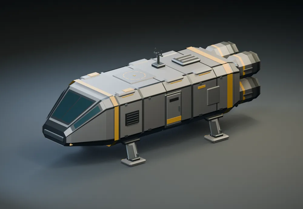 Low-poly spaceship modeled by GPT-6.1 Sol through Codex: a gray hull, a faceted cockpit window and engine pods