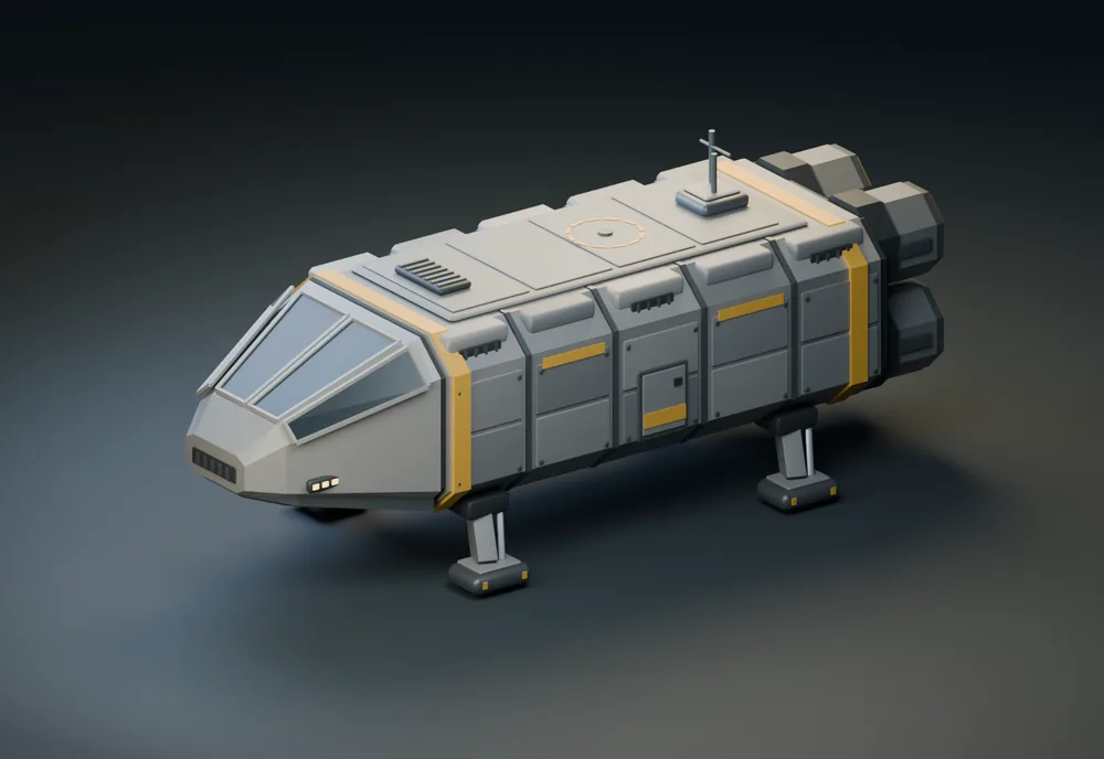 Low-poly industrial shuttle modeled by GPT-6 Astra: a boxy gray hull with panel details, a cockpit and landing legs
