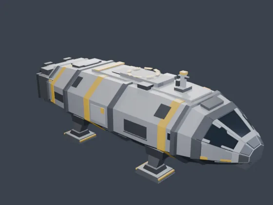 Low-poly spaceship modeled by Claude Opus 5 in Blender: a flat-shaded hull with yellow bands, a cockpit and landing legs