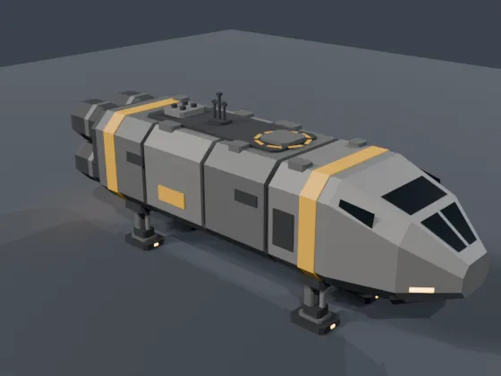 Low-poly spaceship modeled by Claude Opus 5.5 in Blender: a gray hull with yellow bands and four short legs