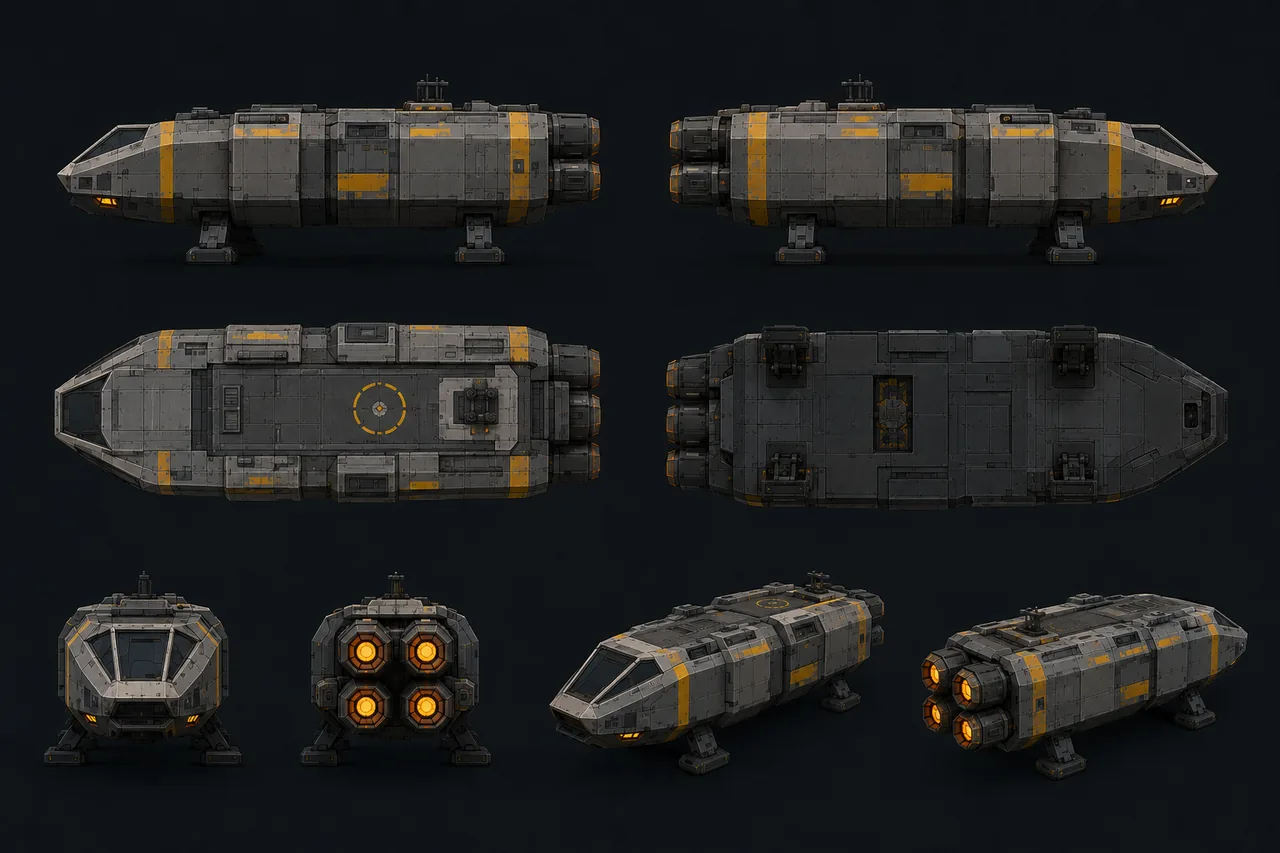 The reference sheet given to every model: eight views of a boxy gray and yellow shuttle with four glowing engines
