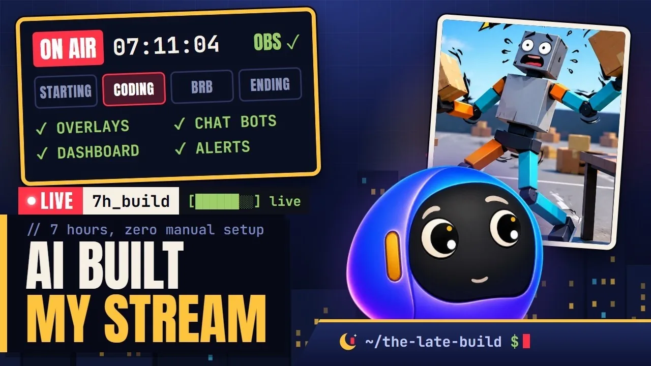 Stream thumbnail: AI BUILT MY STREAM, with an ON AIR timer and a scene checklist
