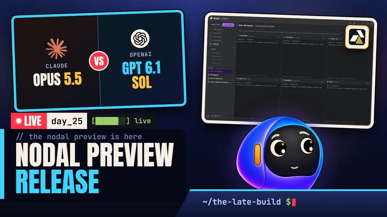 Stream thumbnail Day 25: NODAL PREVIEW RELEASE with a screenshot of the Nodal app and the mascot