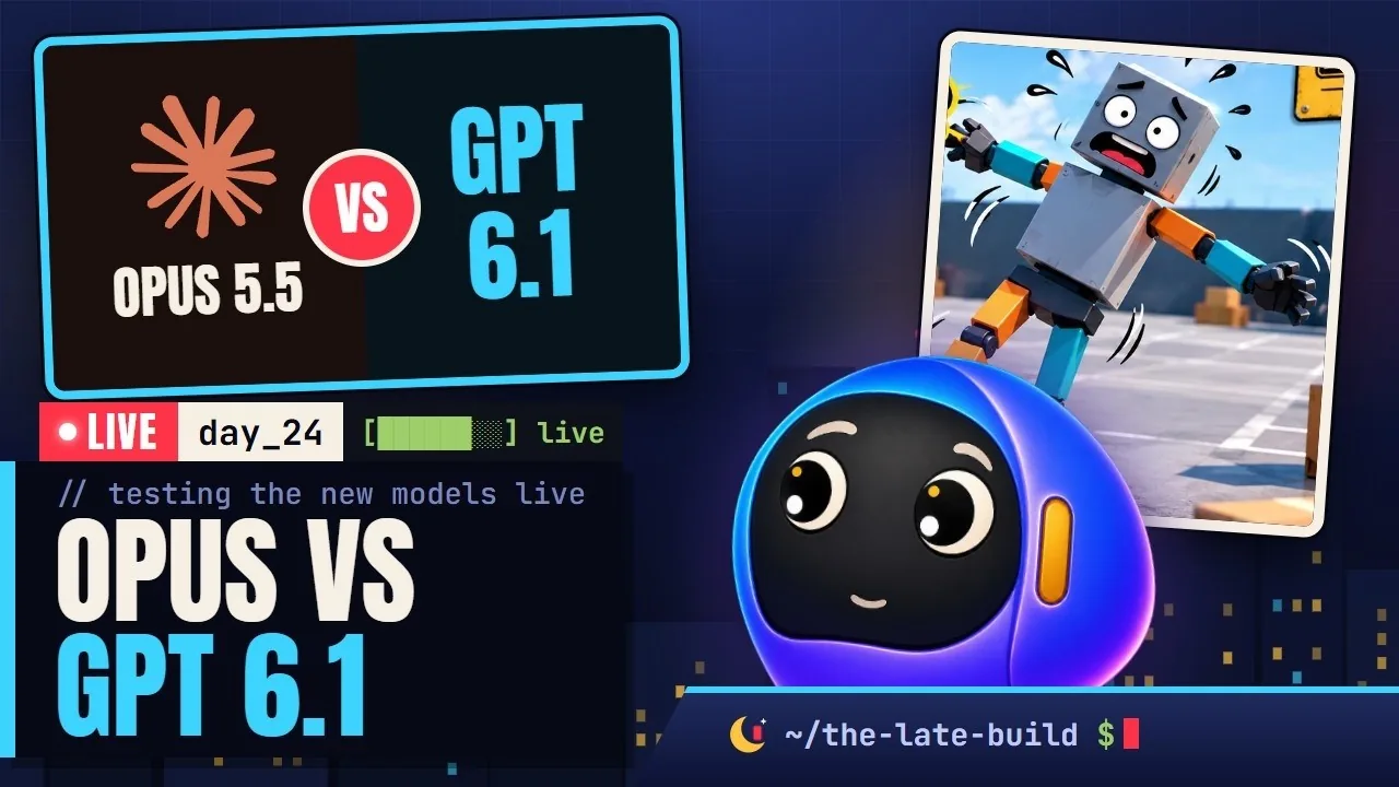 Stream thumbnail Day 24: OPUS VS GPT 6.1 with the mascot and a cartoon robot