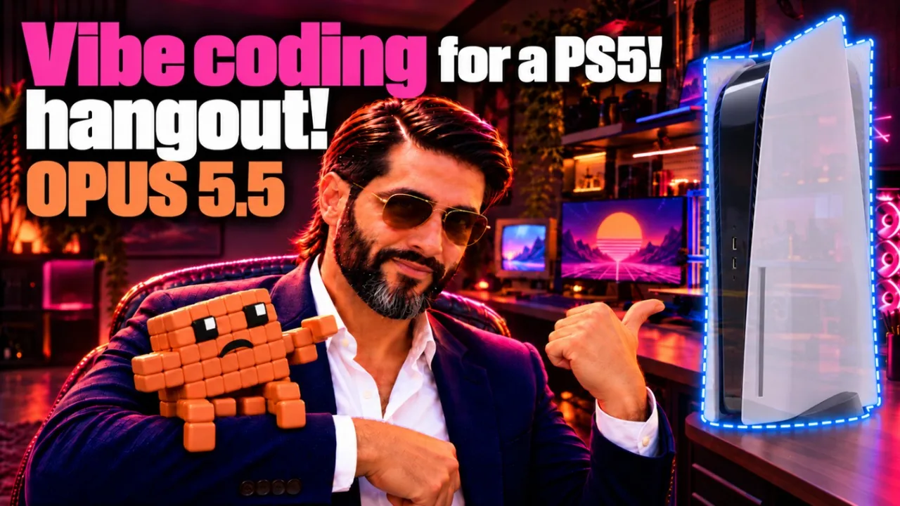 Stream thumbnail: Vibe coding for a PS5, hangout, showing the AI avatar host in aviator sunglasses beside a PlayStation 5 and a voxel crab pet
